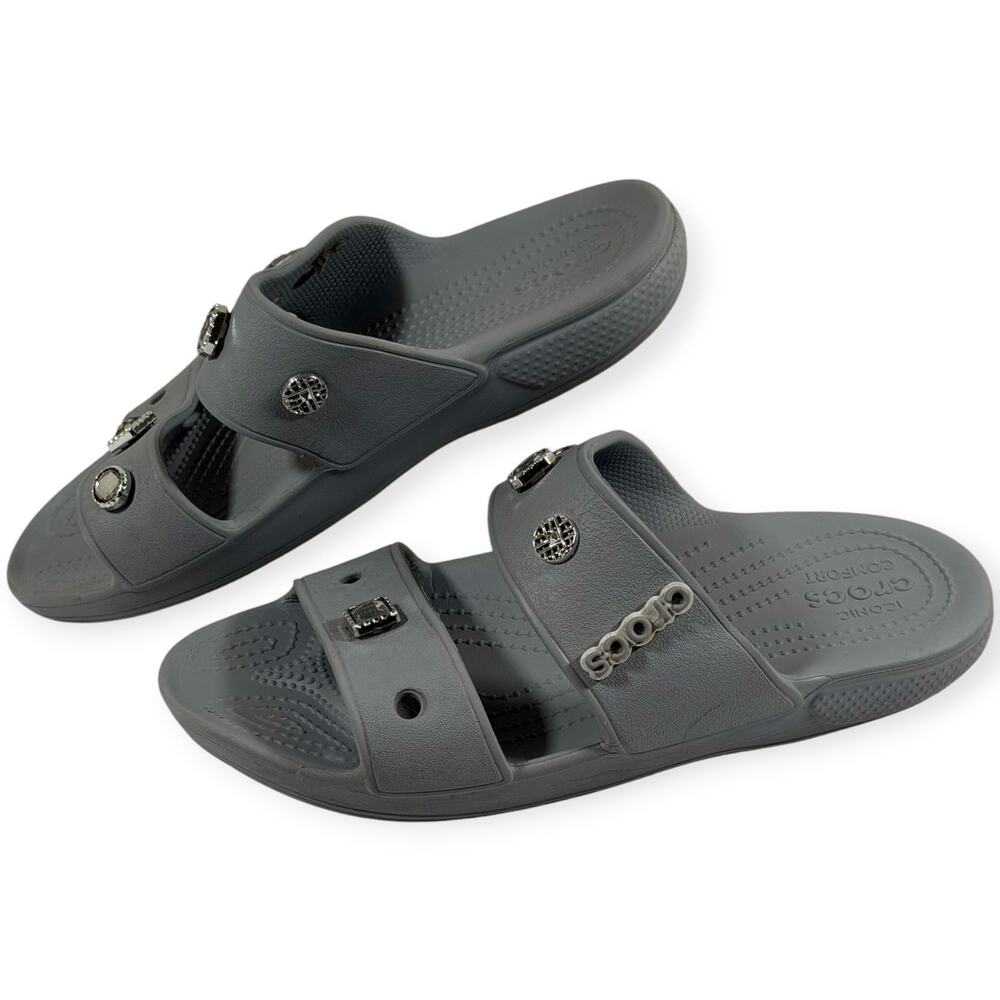 Crocs Iconic Comfort Classic Sandal, Gray w/ 10 Sparkly Charms, Women's 10